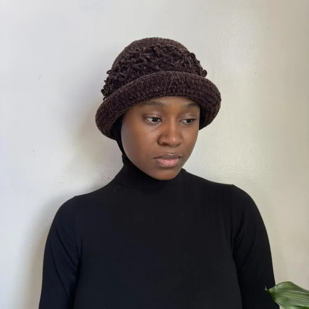 Vintage‎ Chocolate Brown Loopy Knit Cloche Chunky Teddy Bucket Hat